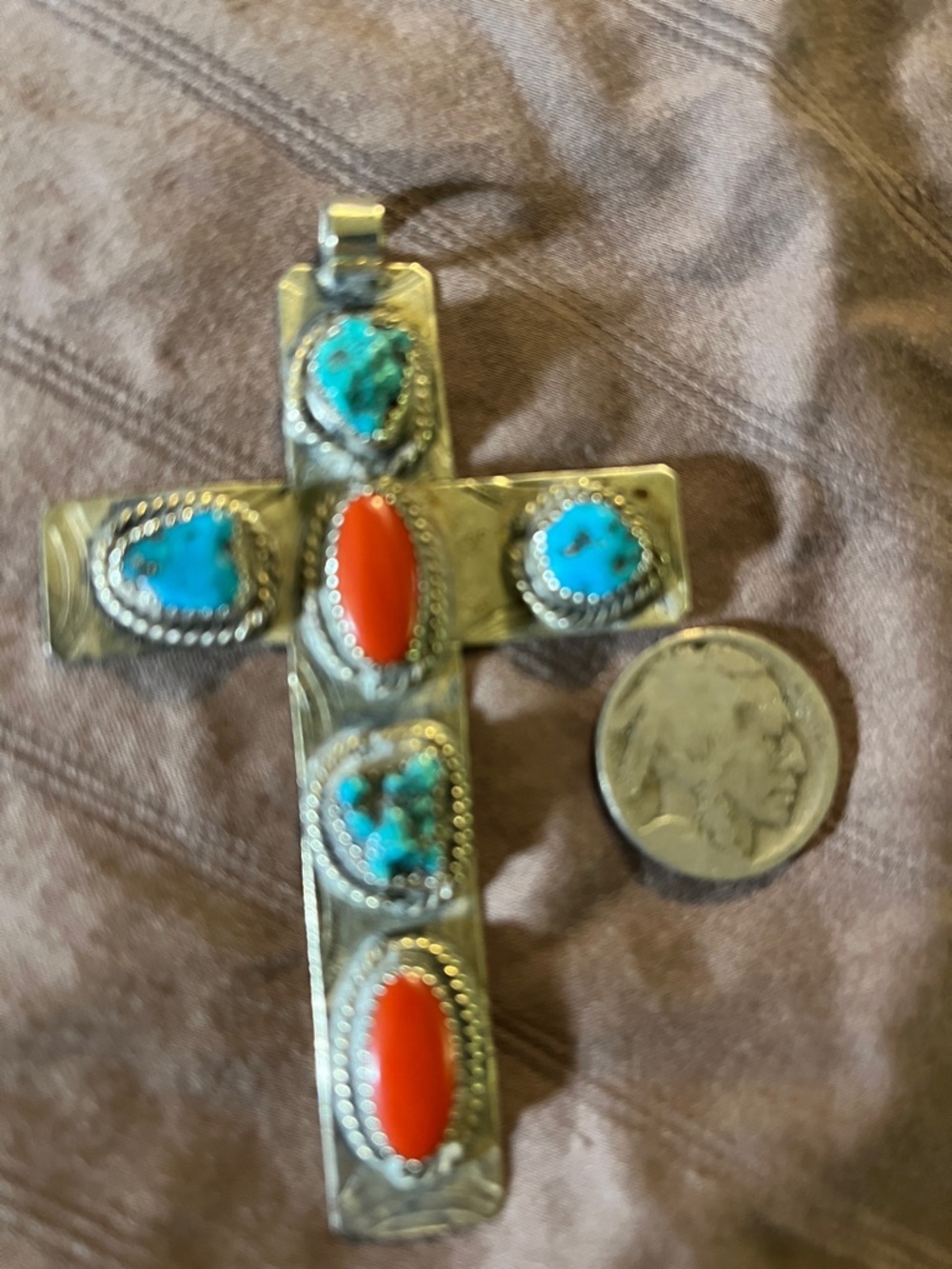 Sterling Cross Pendant with Turquoise & Coral stones